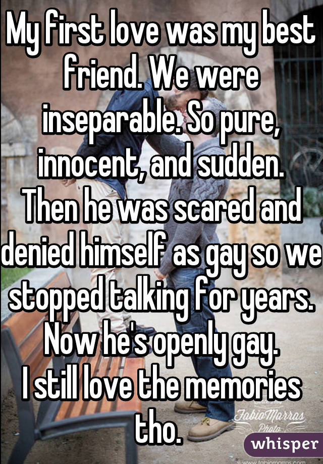 My first love was my best friend. We were inseparable. So pure, innocent, and sudden.
Then he was scared and denied himself as gay so we stopped talking for years.
Now he's openly gay.
I still love the memories tho. 