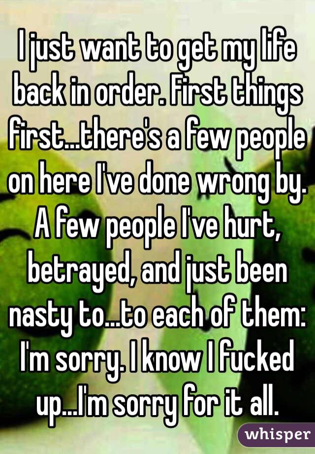 I just want to get my life back in order. First things first...there's a few people on here I've done wrong by. A few people I've hurt, betrayed, and just been nasty to...to each of them: I'm sorry. I know I fucked up...I'm sorry for it all.