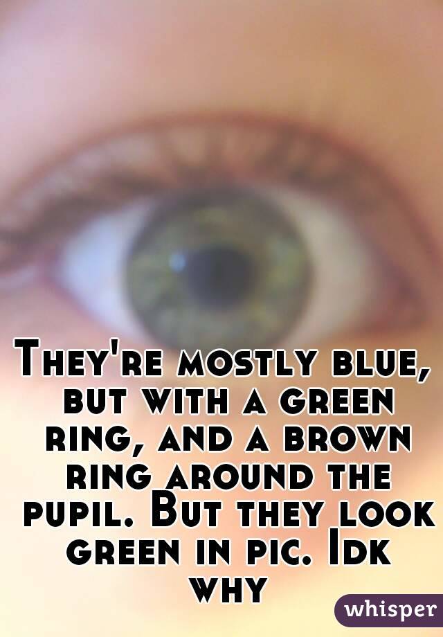 They're mostly blue, but with a green ring, and a brown ring around the pupil. But they look green in pic. Idk why