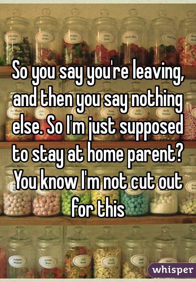 So you say you're leaving, and then you say nothing else. So I'm just supposed to stay at home parent? You know I'm not cut out for this 