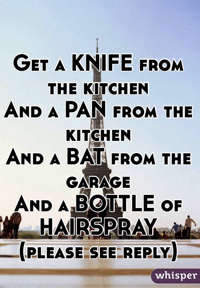 Get a KNIFE from the kitchen 
And a PAN from the kitchen
And a BAT from the garage 
And a BOTTLE of HAIRSPRAY 
(please see reply)