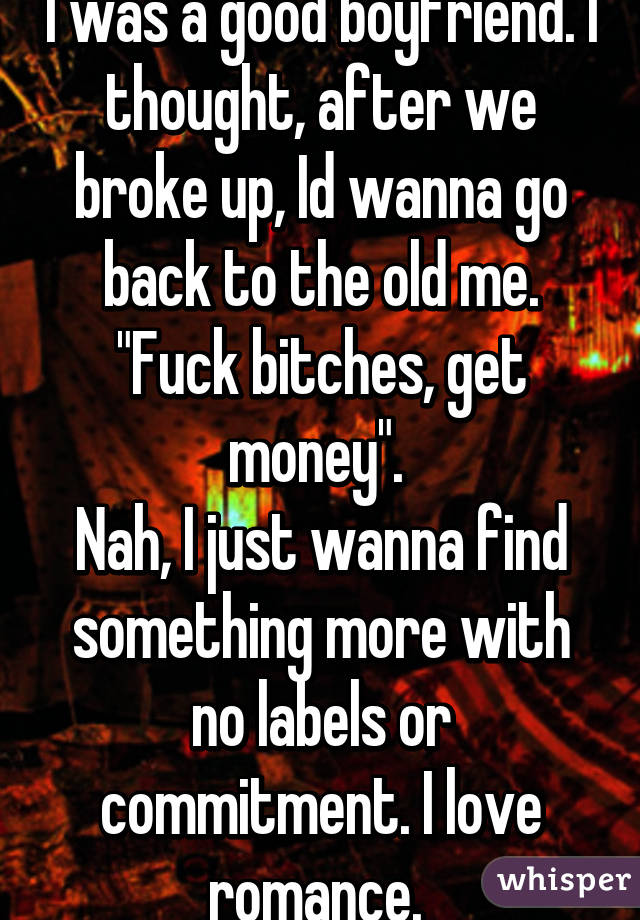 I was a good boyfriend. I thought, after we broke up, Id wanna go back to the old me. "Fuck bitches, get money". 
Nah, I just wanna find something more with no labels or commitment. I love romance. 