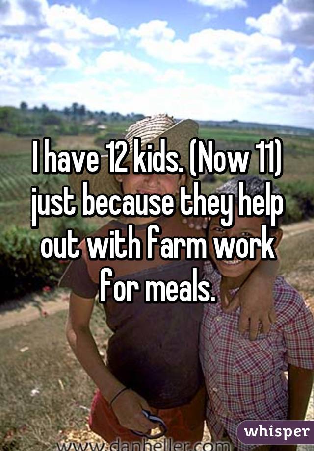I have 12 kids. (Now 11) just because they help out with farm work for meals.