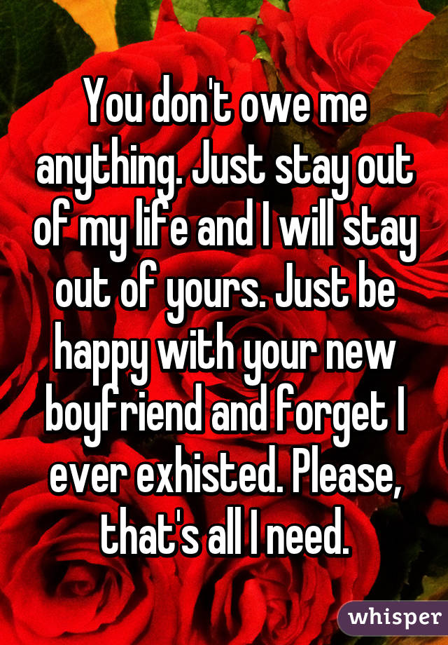 You don't owe me anything. Just stay out of my life and I will stay out of yours. Just be happy with your new boyfriend and forget I ever exhisted. Please, that's all I need.