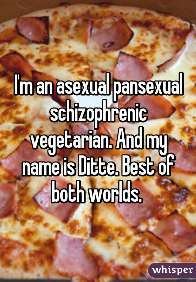 I'm an asexual pansexual schizophrenic vegetarian. And my name is Ditte. Best of both worlds. 