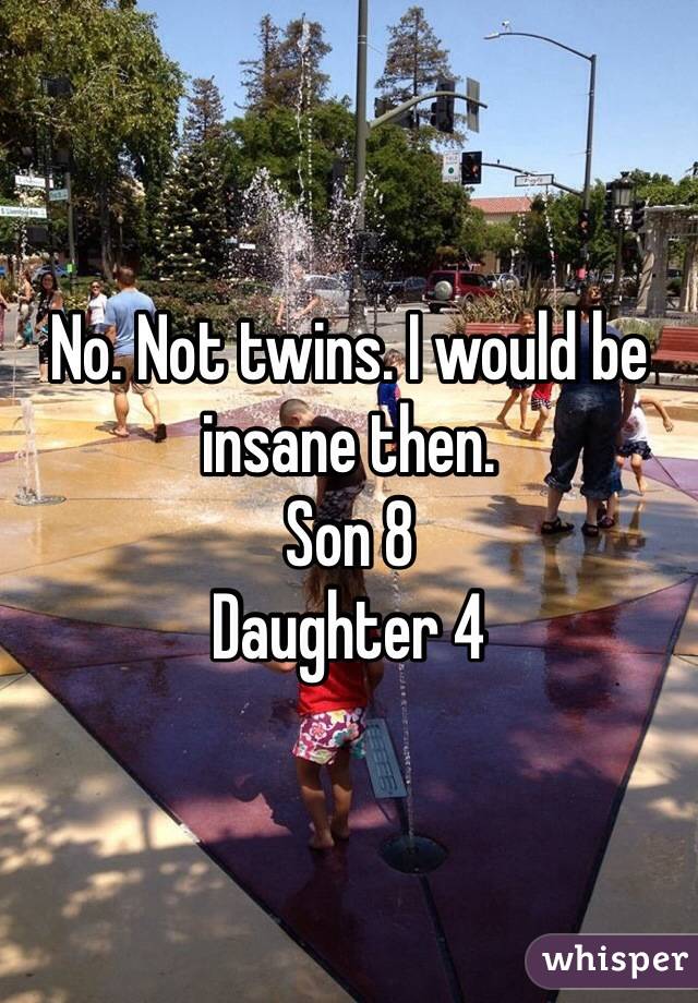 No. Not twins. I would be insane then. 
Son 8
Daughter 4