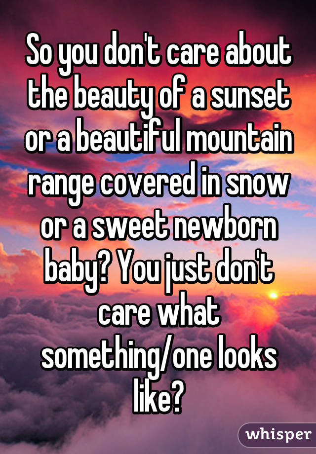 So you don't care about the beauty of a sunset or a beautiful mountain range covered in snow or a sweet newborn baby? You just don't care what something/one looks like?