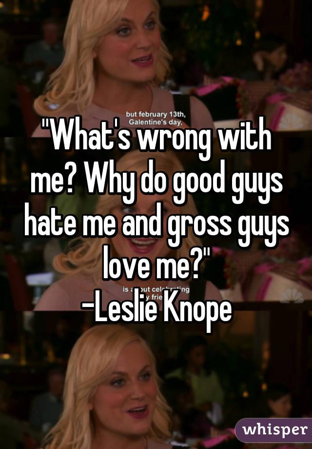 "What's wrong with me? Why do good guys hate me and gross guys love me?"
-Leslie Knope