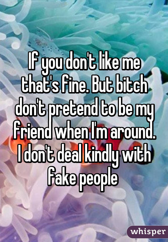 If you don't like me that's fine. But bitch don't pretend to be my friend when I'm around. I don't deal kindly with fake people 