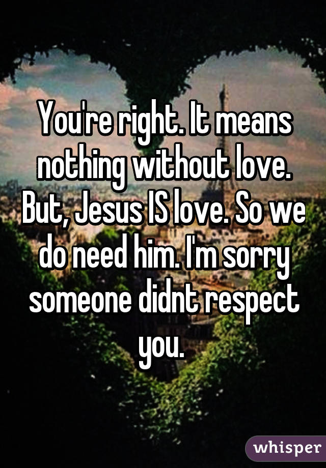 You're right. It means nothing without love. But, Jesus IS love. So we do need him. I'm sorry someone didnt respect you. 