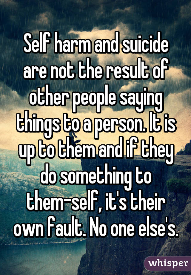 Self harm and suicide are not the result of other people saying things to a person. It is up to them and if they do something to them-self, it's their own fault. No one else's.