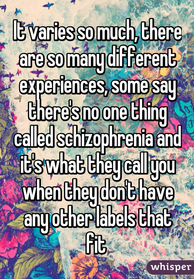 It varies so much, there are so many different experiences, some say there's no one thing called schizophrenia and it's what they call you when they don't have any other labels that fit 