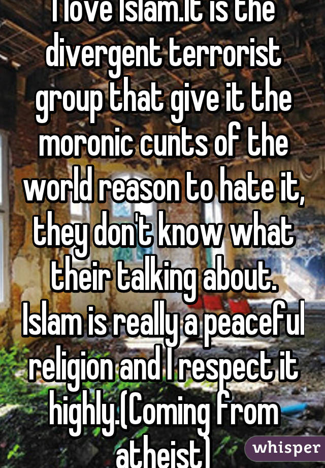 I love Islam.It is the divergent terrorist group that give it the moronic cunts of the world reason to hate it, they don't know what their talking about. Islam is really a peaceful religion and I respect it highly.(Coming from atheist)