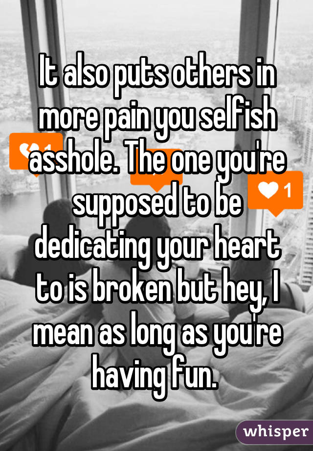 It also puts others in more pain you selfish asshole. The one you're supposed to be dedicating your heart to is broken but hey, I mean as long as you're having fun. 