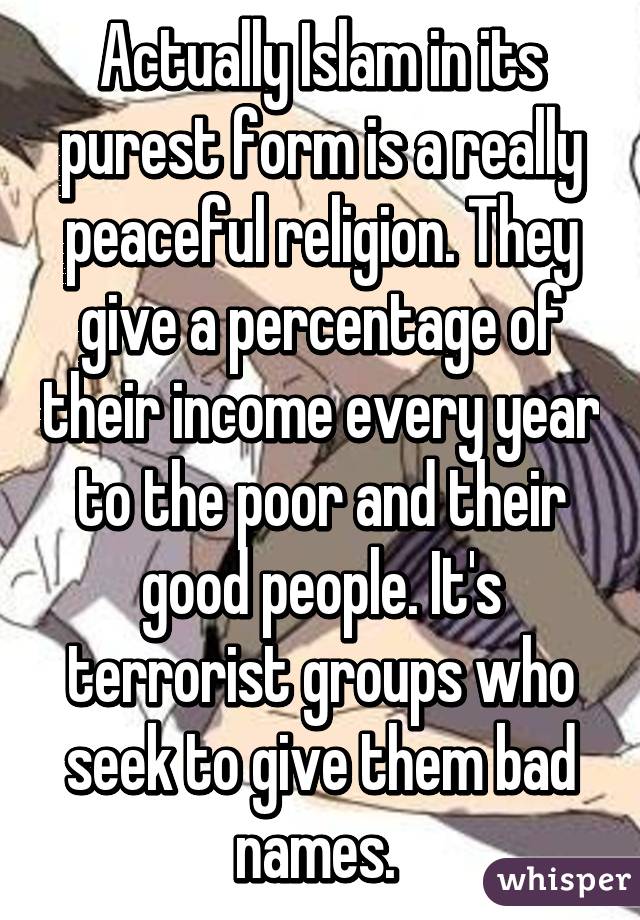 Actually Islam in its purest form is a really peaceful religion. They give a percentage of their income every year to the poor and their good people. It's terrorist groups who seek to give them bad names. 