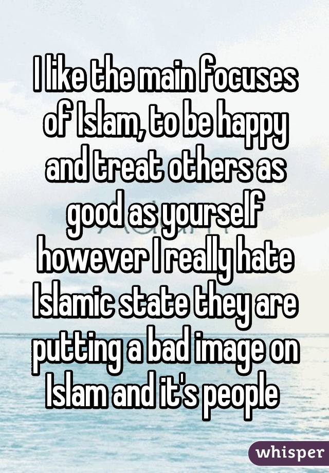 I like the main focuses of Islam, to be happy and treat others as good as yourself however I really hate Islamic state they are putting a bad image on Islam and it's people 