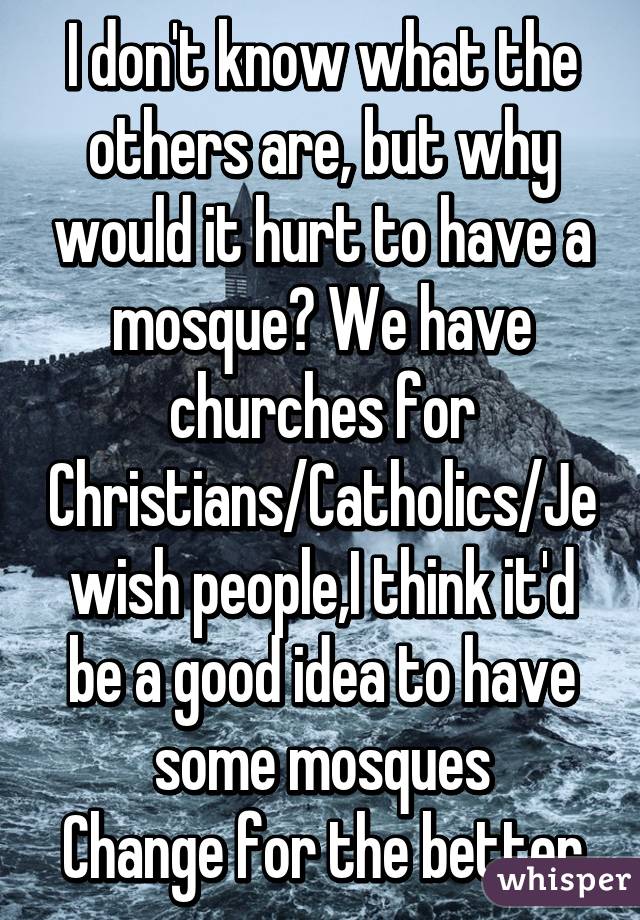 I don't know what the others are, but why would it hurt to have a mosque? We have churches for Christians/Catholics/Jewish people,I think it'd be a good idea to have some mosques
Change for the better