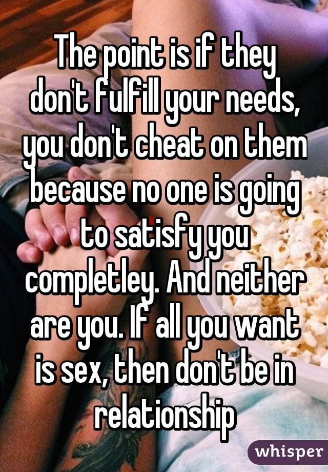 The point is if they don't fulfill your needs, you don't cheat on them because no one is going to satisfy you completley. And neither are you. If all you want is sex, then don't be in relationship