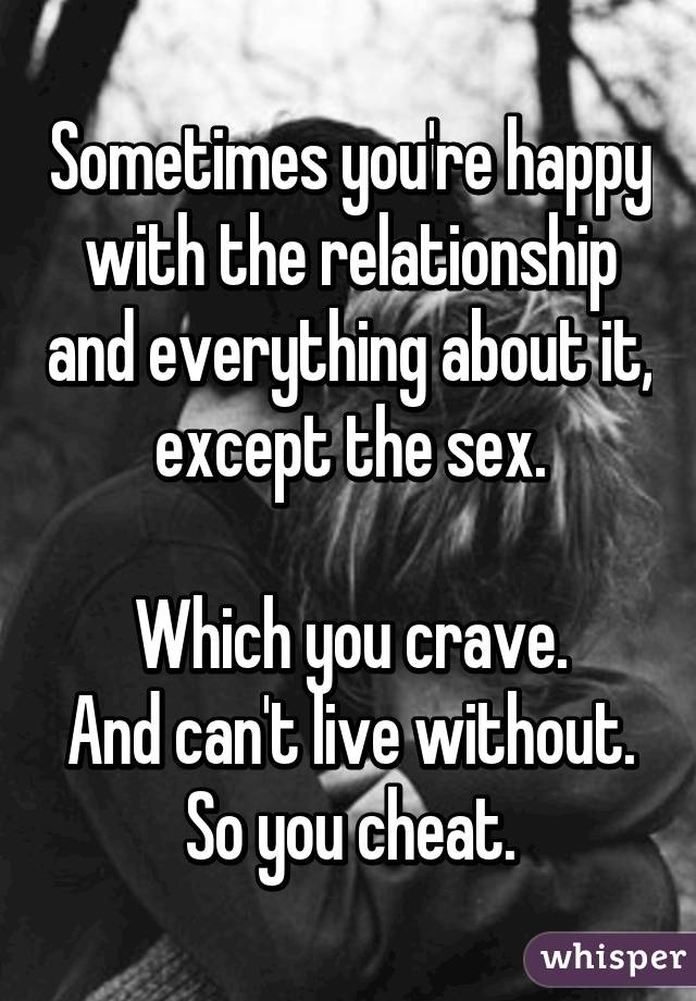 Sometimes you're happy with the relationship and everything about it, except the sex.

Which you crave.
And can't live without.
So you cheat.