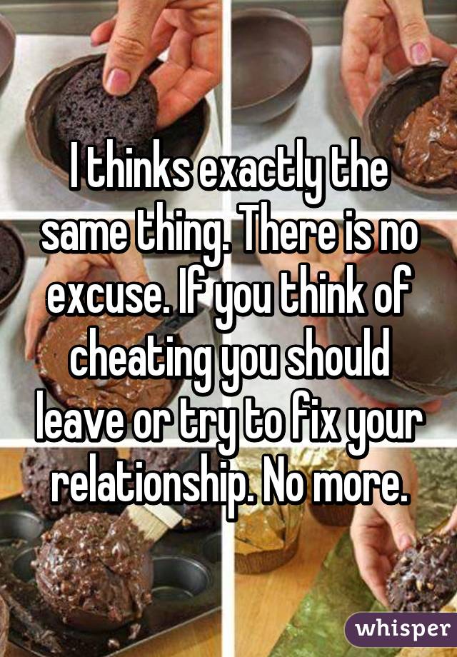 I thinks exactly the same thing. There is no excuse. If you think of cheating you should leave or try to fix your relationship. No more.