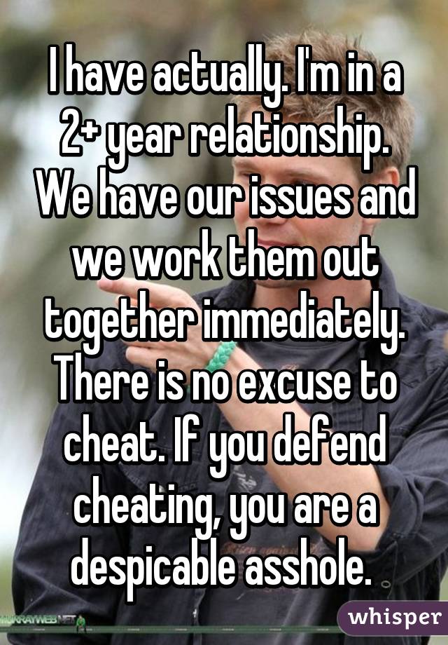 I have actually. I'm in a 2+ year relationship. We have our issues and we work them out together immediately. There is no excuse to cheat. If you defend cheating, you are a despicable asshole. 