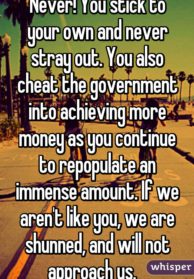 Never! You stick to your own and never stray out. You also cheat the government into achieving more money as you continue to repopulate an immense amount. If we aren't like you, we are shunned, and will not approach us.   