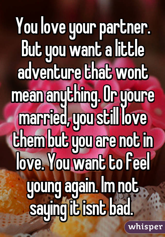 You love your partner. But you want a little adventure that wont mean anything. Or youre married, you still love them but you are not in love. You want to feel young again. Im not saying it isnt bad. 