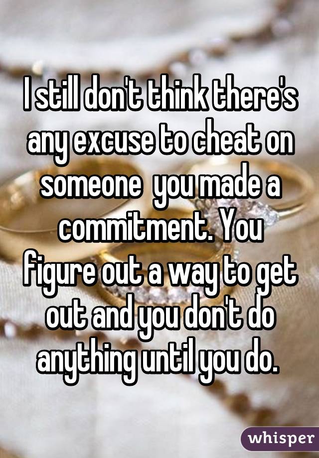 I still don't think there's any excuse to cheat on someone  you made a commitment. You figure out a way to get out and you don't do anything until you do. 