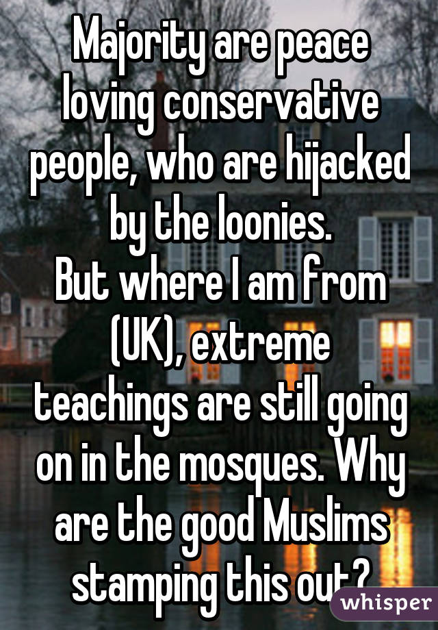 Majority are peace loving conservative people, who are hijacked by the loonies.
But where I am from (UK), extreme teachings are still going on in the mosques. Why are the good Muslims stamping this out?