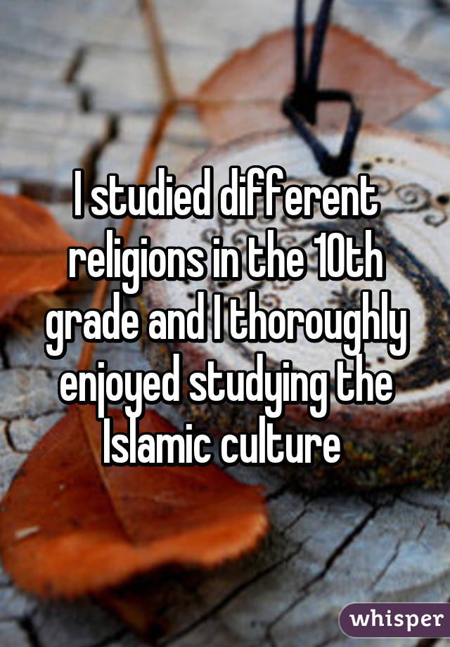 I studied different religions in the 10th grade and I thoroughly enjoyed studying the Islamic culture 