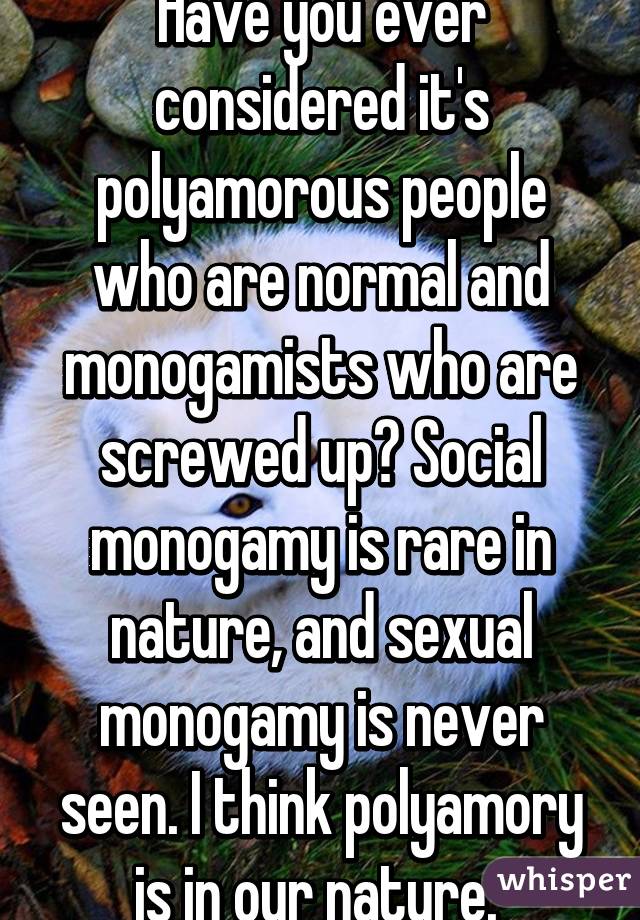 Have you ever considered it's polyamorous people who are normal and monogamists who are screwed up? Social monogamy is rare in nature, and sexual monogamy is never seen. I think polyamory is in our nature. 