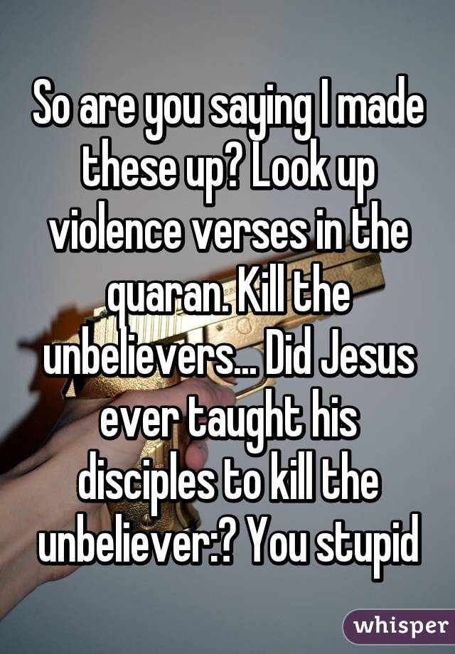 So are you saying I made these up? Look up violence verses in the quaran. Kill the unbelievers... Did Jesus ever taught his disciples to kill the unbeliever:? You stupid