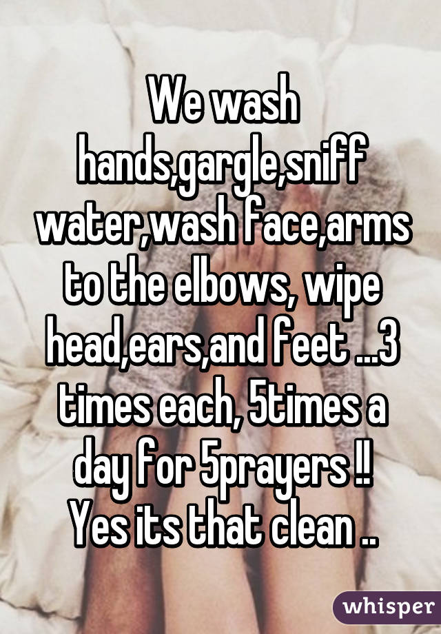 We wash hands,gargle,sniff water,wash face,arms to the elbows, wipe head,ears,and feet ...3 times each, 5times a day for 5prayers !!
Yes its that clean ..