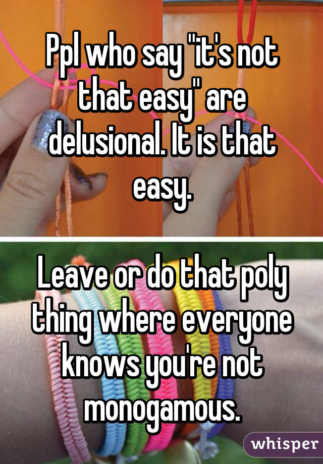 Ppl who say "it's not that easy" are delusional. It is that easy.

Leave or do that poly thing where everyone knows you're not monogamous.