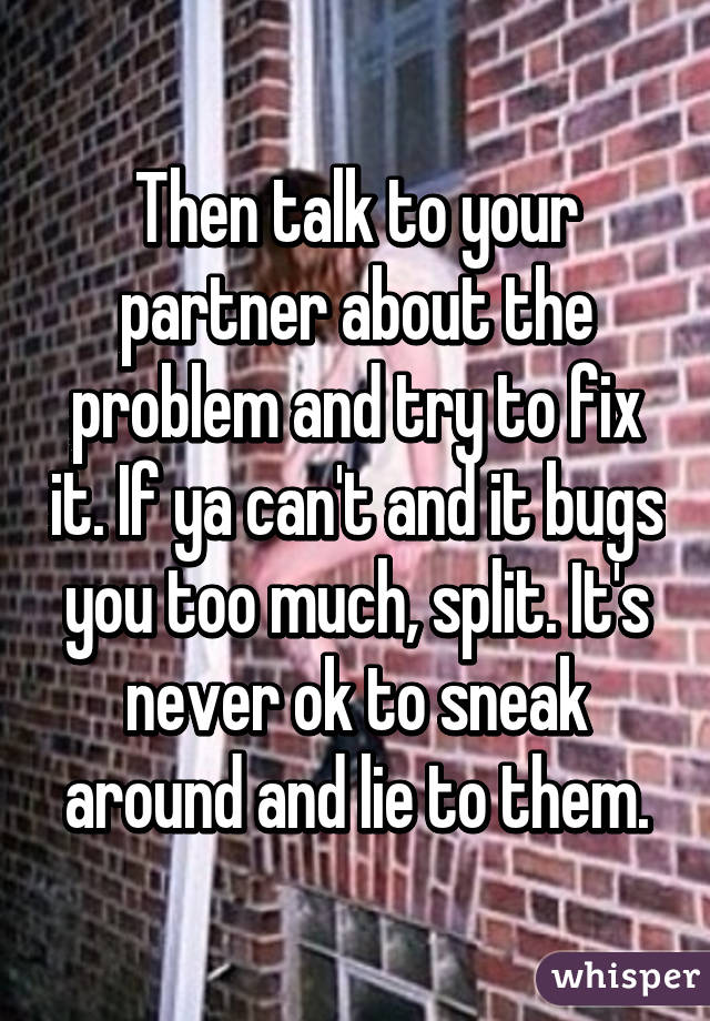 Then talk to your partner about the problem and try to fix it. If ya can't and it bugs you too much, split. It's never ok to sneak around and lie to them.