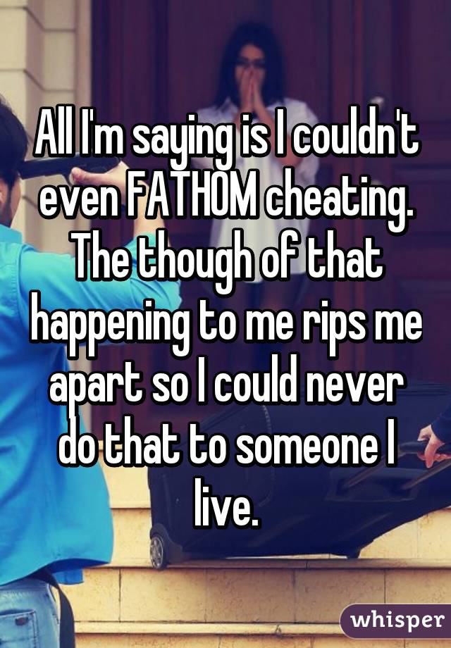 All I'm saying is I couldn't even FATHOM cheating. The though of that happening to me rips me apart so I could never do that to someone I live.