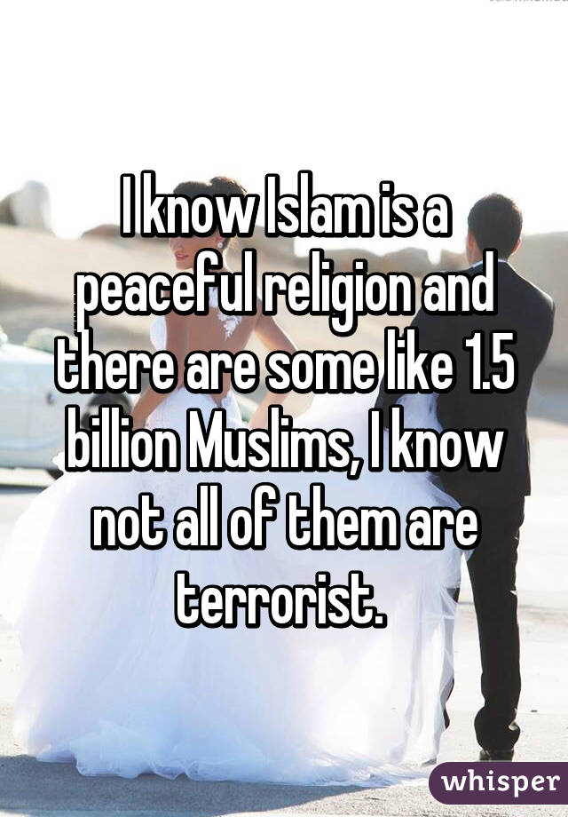 I know Islam is a peaceful religion and there are some like 1.5 billion Muslims, I know not all of them are terrorist. 