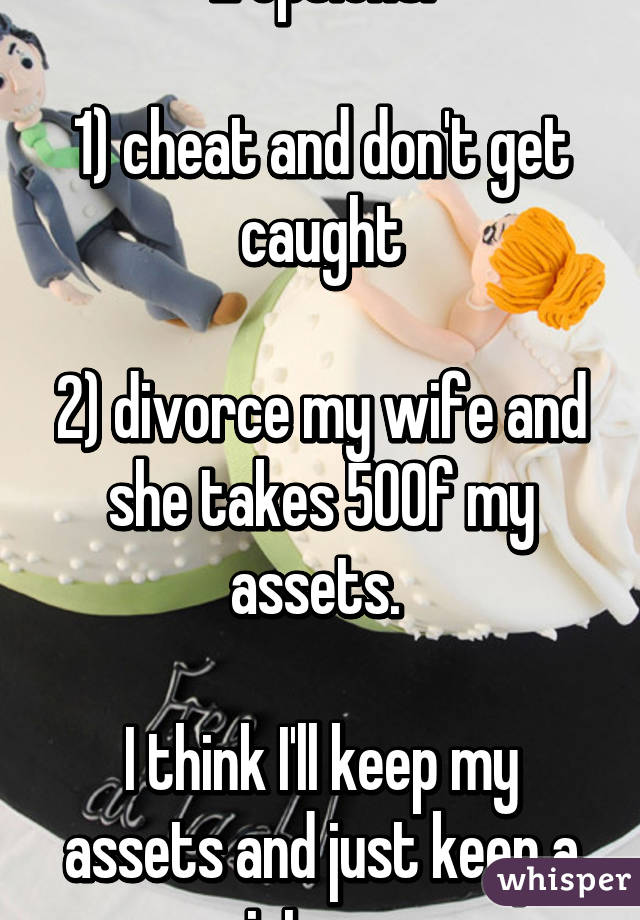 2 options:

1) cheat and don't get caught

2) divorce my wife and she takes 50% of my assets. 

I think I'll keep my assets and just keep a mistress. 