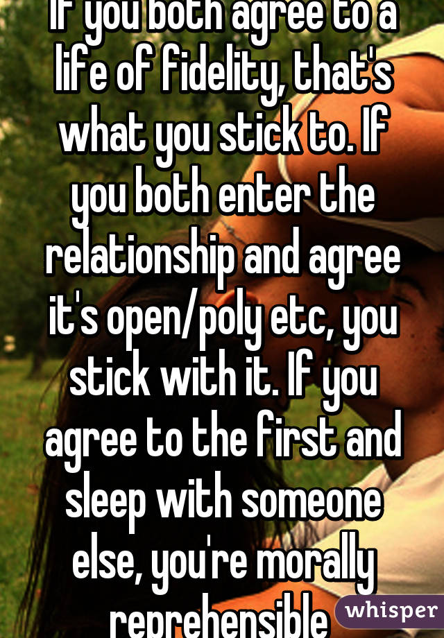 If you both agree to a life of fidelity, that's what you stick to. If you both enter the relationship and agree it's open/poly etc, you stick with it. If you agree to the first and sleep with someone else, you're morally reprehensible 