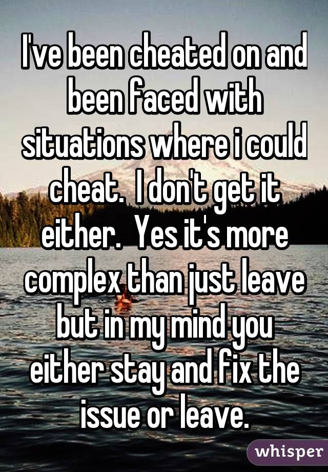 I've been cheated on and been faced with situations where i could cheat.  I don't get it either.  Yes it's more complex than just leave but in my mind you either stay and fix the issue or leave.