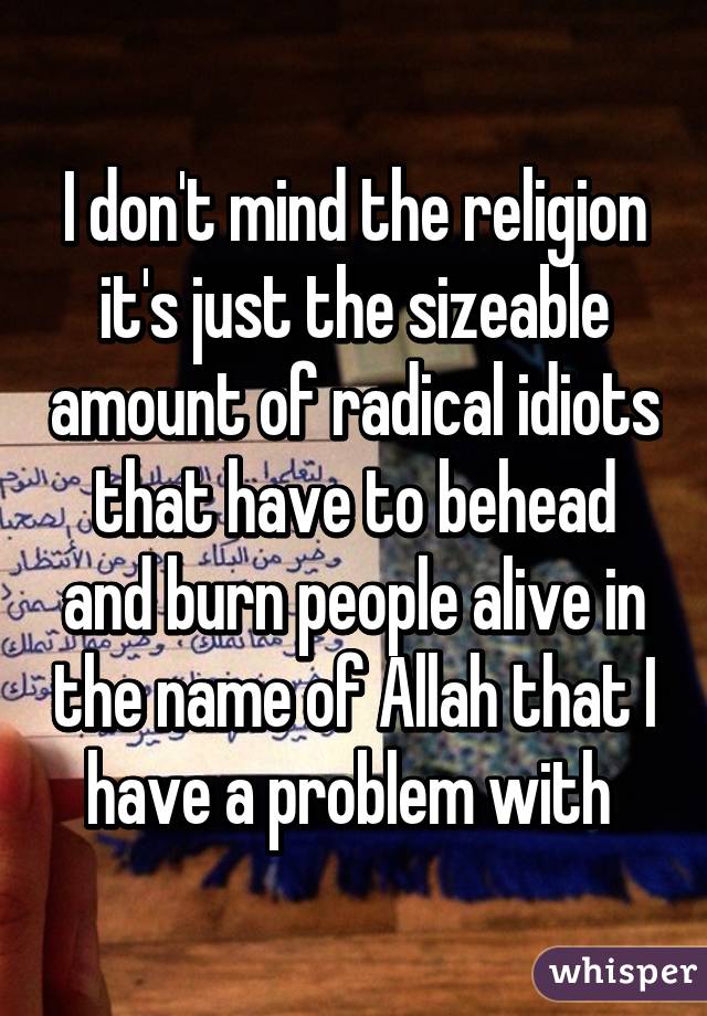 I don't mind the religion it's just the sizeable amount of radical idiots that have to behead and burn people alive in the name of Allah that I have a problem with 