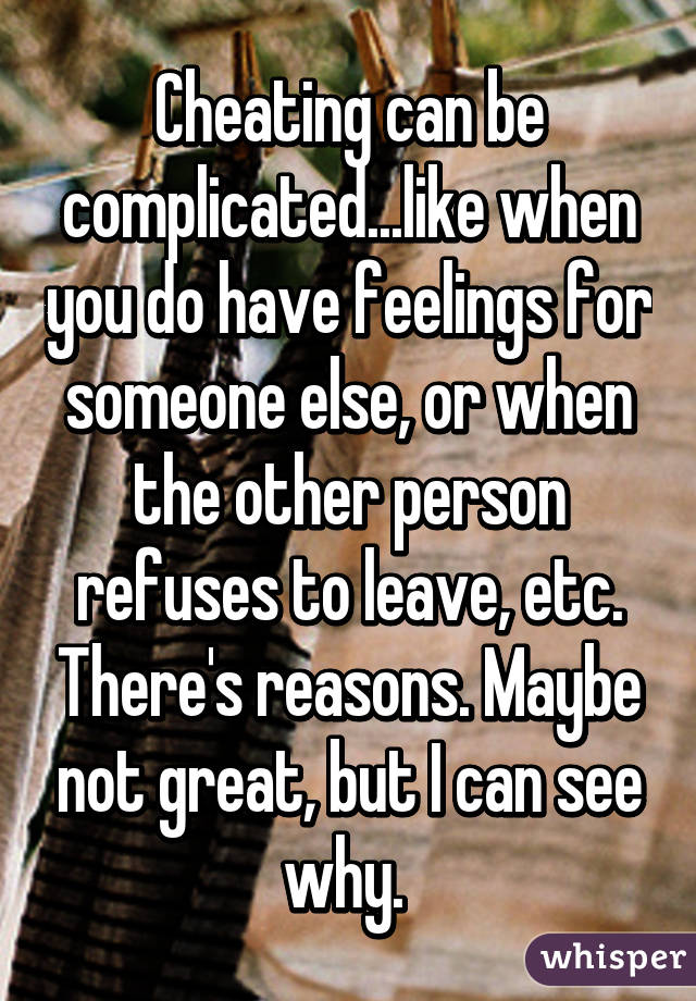 Cheating can be complicated...like when you do have feelings for someone else, or when the other person refuses to leave, etc. There's reasons. Maybe not great, but I can see why. 