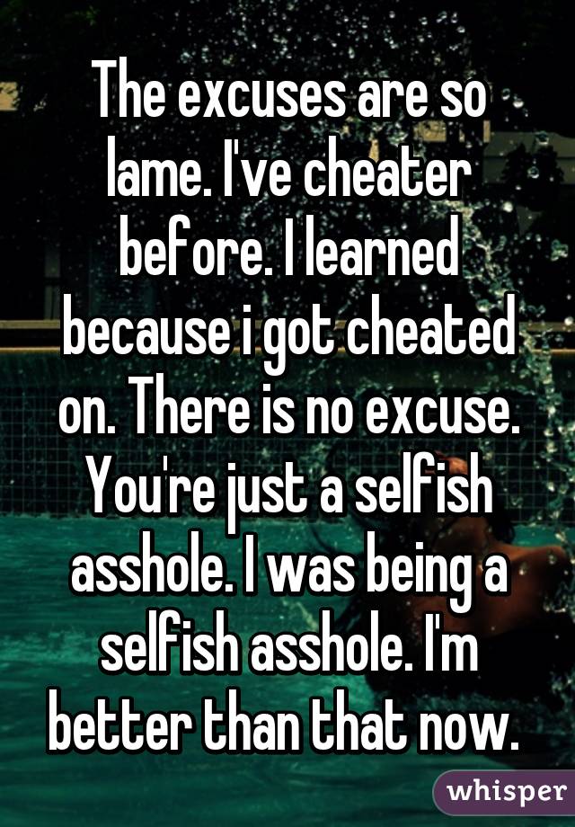 The excuses are so lame. I've cheater before. I learned because i got cheated on. There is no excuse. You're just a selfish asshole. I was being a selfish asshole. I'm better than that now. 