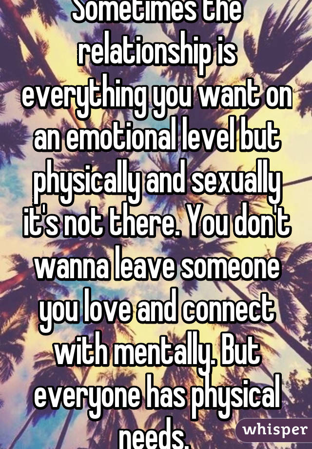 Sometimes the relationship is everything you want on an emotional level but physically and sexually it's not there. You don't wanna leave someone you love and connect with mentally. But everyone has physical needs. 