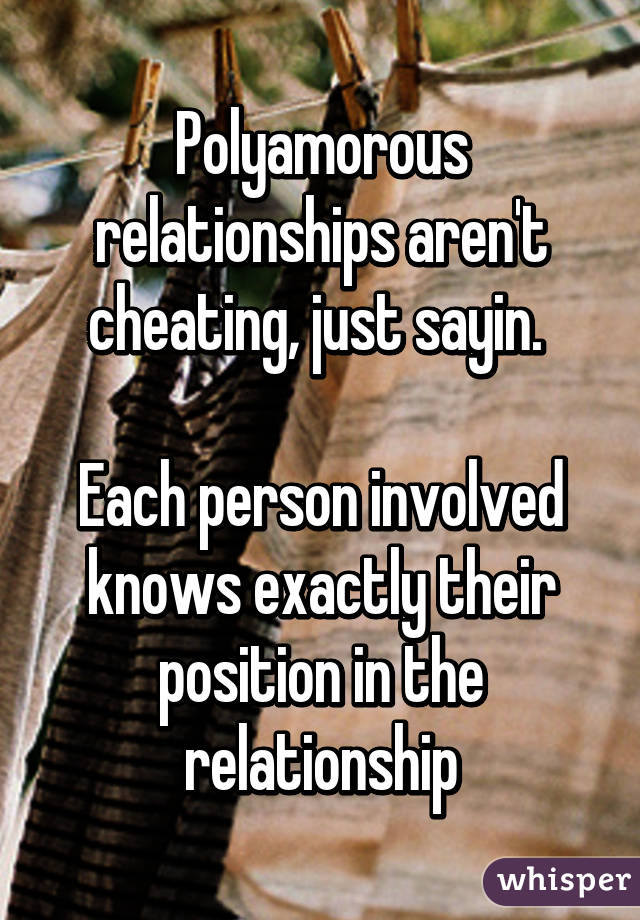 Polyamorous relationships aren't cheating, just sayin. 

Each person involved knows exactly their position in the relationship