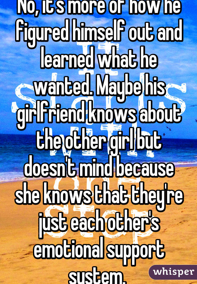 No, it's more of how he figured himself out and learned what he wanted. Maybe his girlfriend knows about the other girl but doesn't mind because she knows that they're just each other's emotional support system. 