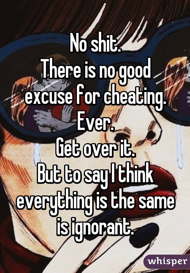 No shit.
There is no good excuse for cheating.
Ever.
Get over it.
But to say I think everything is the same is ignorant.