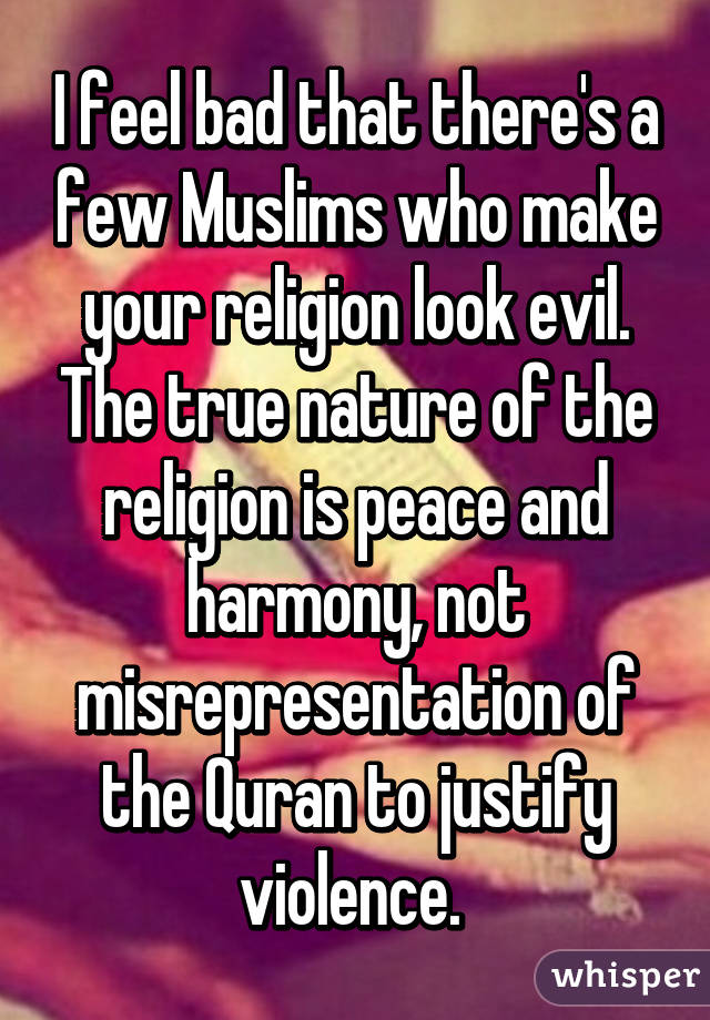 I feel bad that there's a few Muslims who make your religion look evil. The true nature of the religion is peace and harmony, not misrepresentation of the Quran to justify violence. 