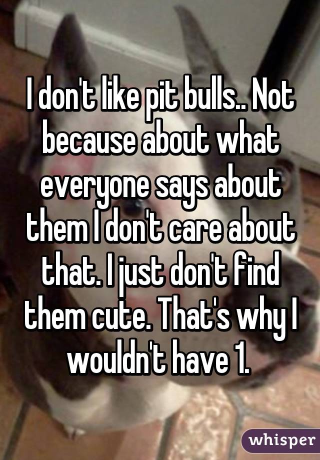 I don't like pit bulls.. Not because about what everyone says about them I don't care about that. I just don't find them cute. That's why I wouldn't have 1. 