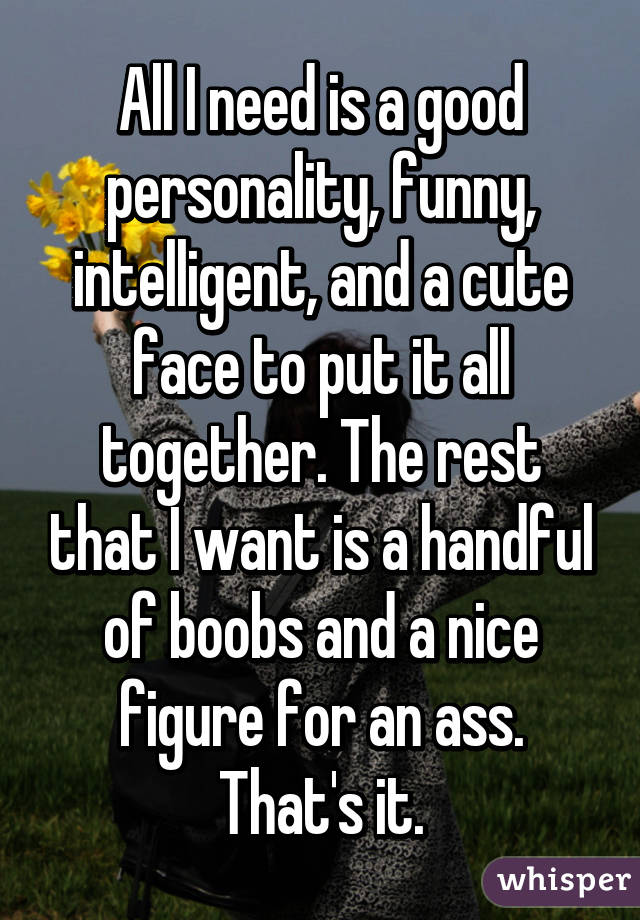 All I need is a good personality, funny, intelligent, and a cute face to put it all together. The rest that I want is a handful of boobs and a nice figure for an ass. That's it.